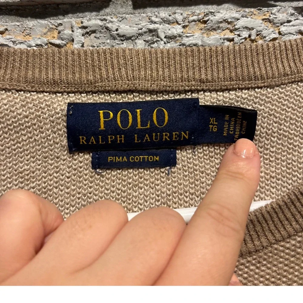Polo Ralph Lauren Mens XL Pima Cotton Crewneck Sweater Tan Beige Knit Pony Logo